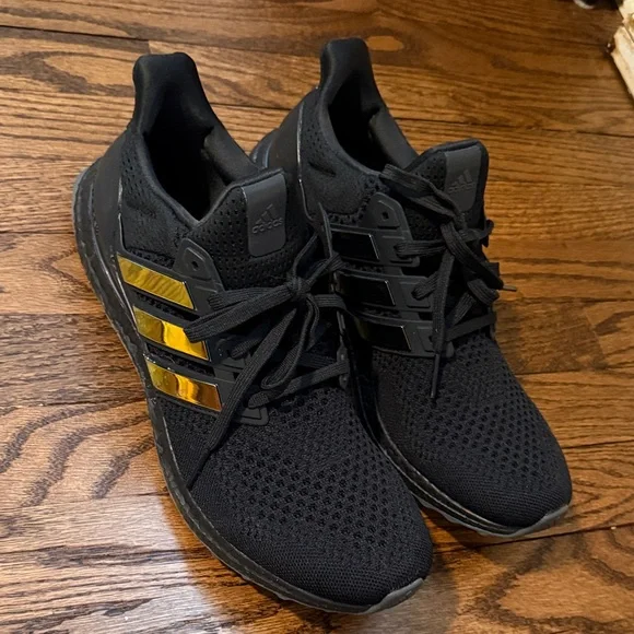 Adidas Men's Black Athletic Shoes with Gold Stripes - Picture 3 of 9